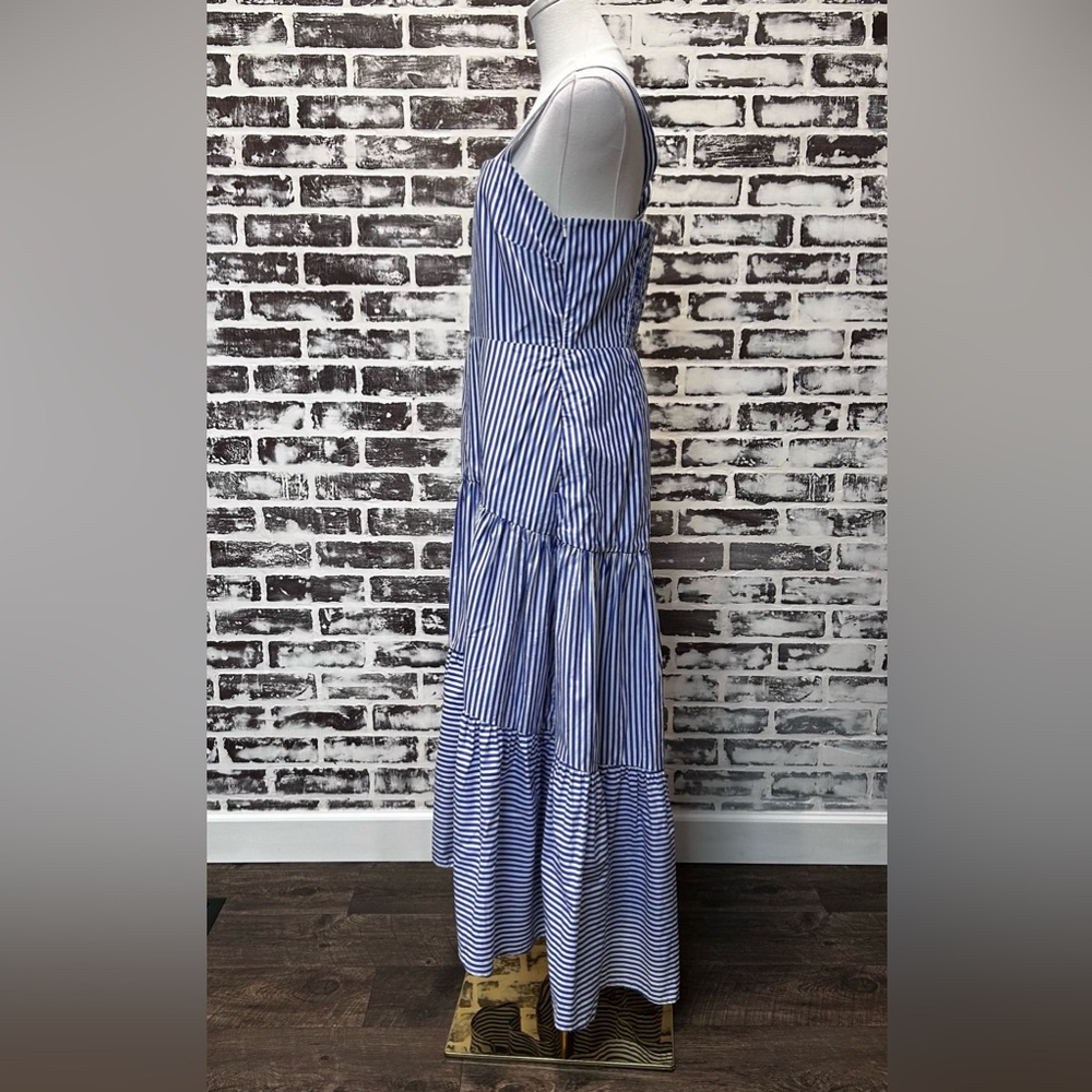 Coastal Nautical Striped Dropped Waist Tiered Ruffle Hi Lo Dress Sz 8 - Picture 4 of 8
